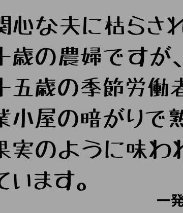 【ノベル】無関心な夫に枯らされた七十歳の農婦ですが、二十五歳の季節労働者に作業小屋の暗がりで熟れた果実のように味わわれています。❤一発書房評価