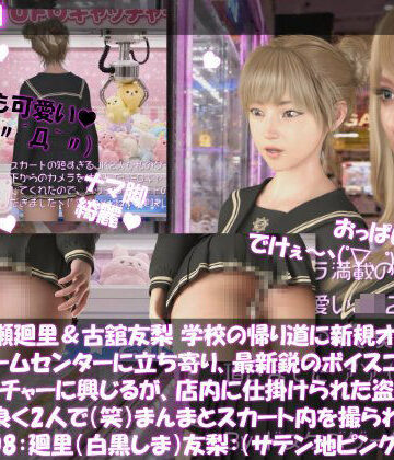 【3DCG】【△100▲100】一ノ瀬廻里＆古舘友梨 学校の帰り道に新規オープンしたゲームセンターに立ち寄り、最新鋭のボイスコントロールUFOキャッチャーに興じるが、店内に仕掛けられた盗撮カメラにまんまとスカート内を撮られてしまう。（PV08:廻里（白黒ストライプ文字柄）友梨:サテン地ピンクギャルパンティ）❤Libido-Labo評価